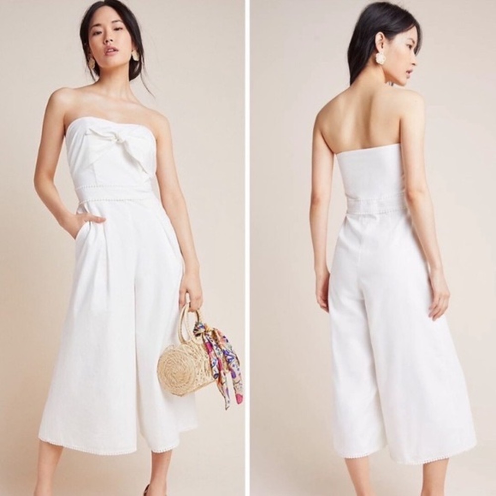 Greylin white bow tie wide leg strapless jumpsuit